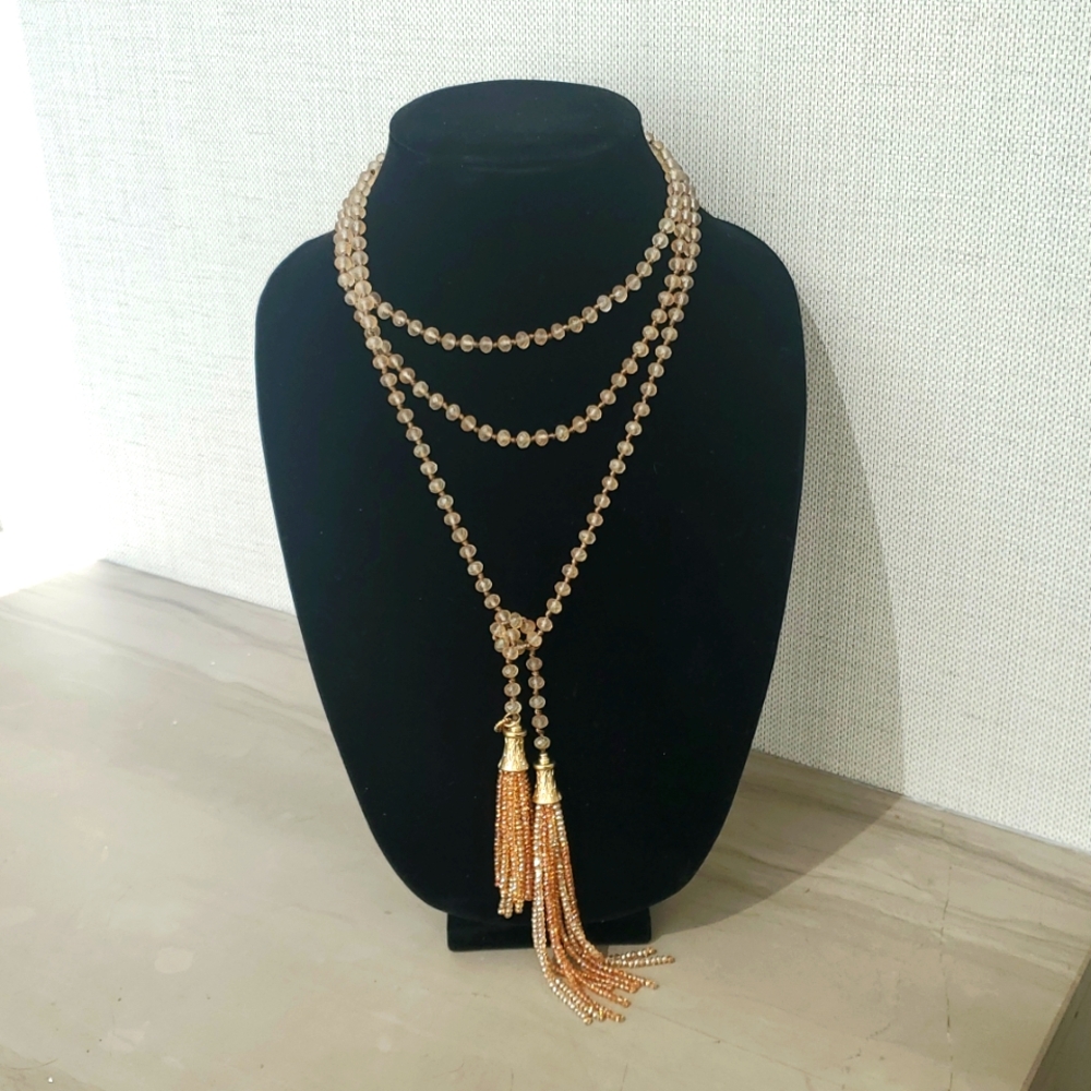 Marlyn Schiff Elegant Crystal Beads and Gold Tassel Layered Necklace